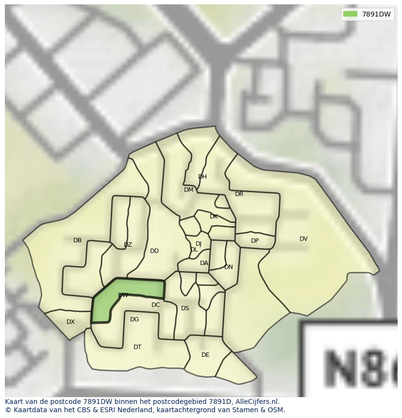 Afbeelding van het postcodegebied 7891 DW op de kaart.
