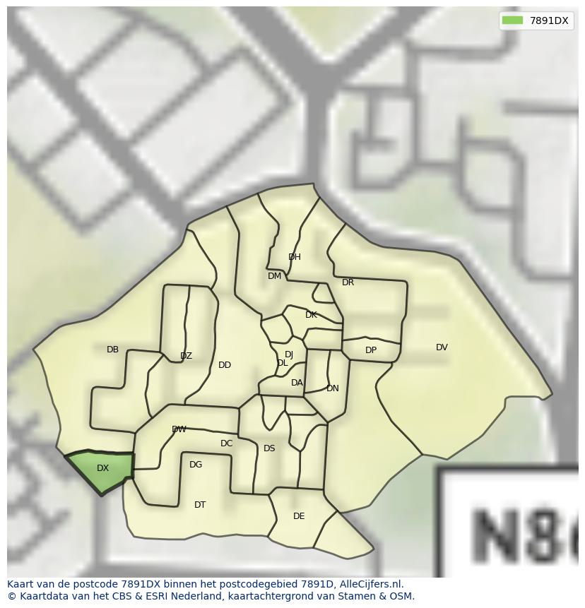 Afbeelding van het postcodegebied 7891 DX op de kaart.