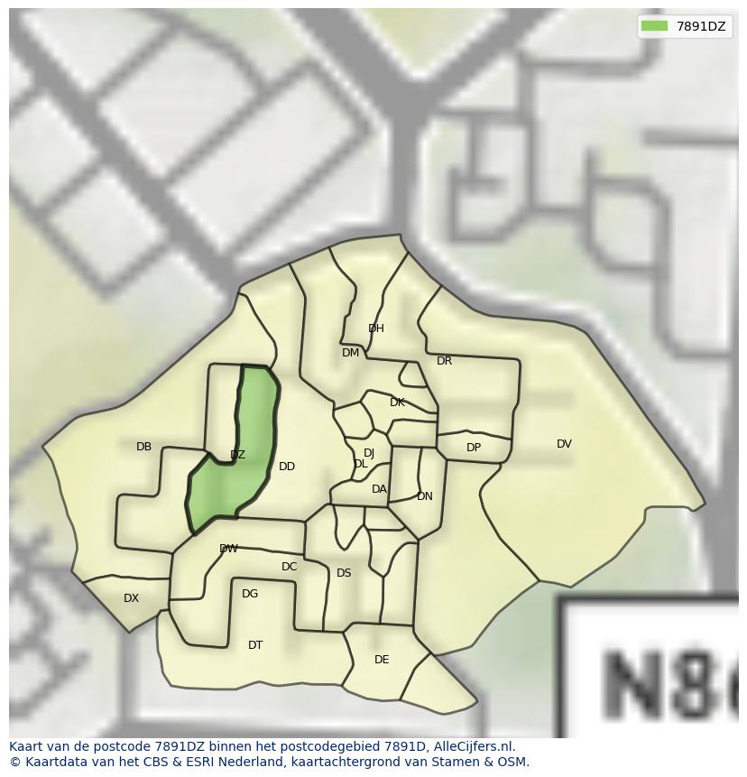 Afbeelding van het postcodegebied 7891 DZ op de kaart.