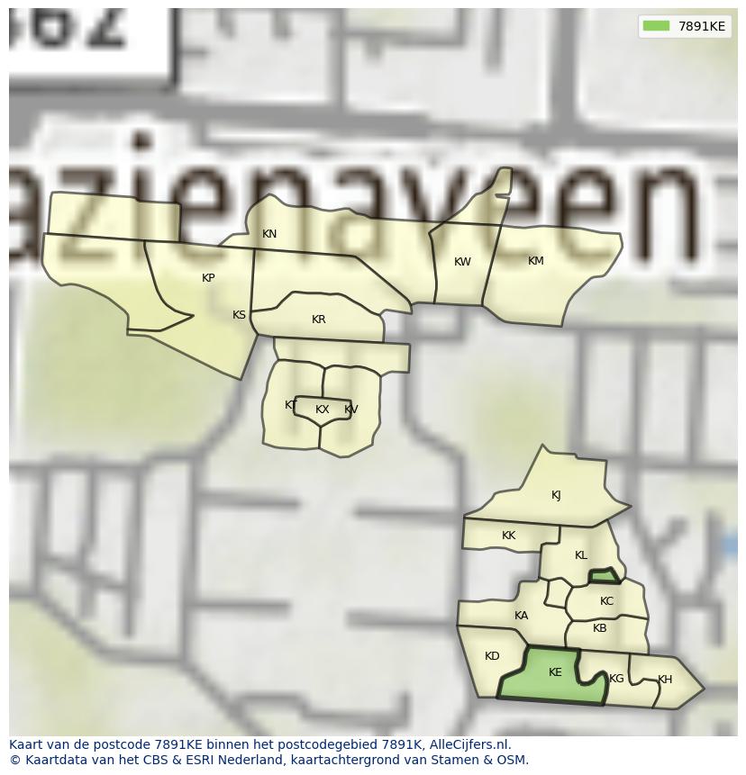 Afbeelding van het postcodegebied 7891 KE op de kaart.