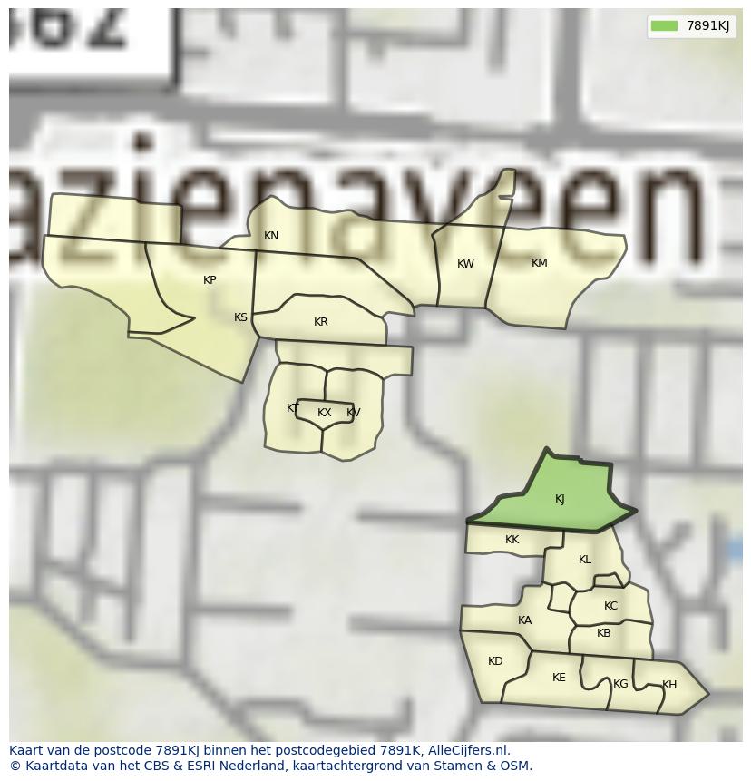 Afbeelding van het postcodegebied 7891 KJ op de kaart.
