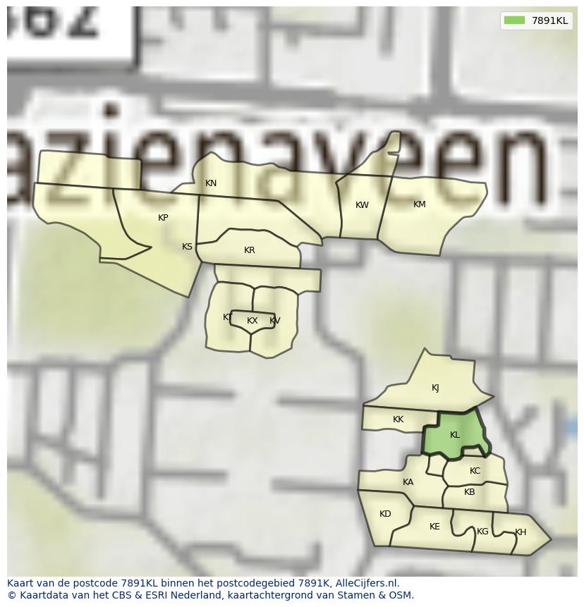 Afbeelding van het postcodegebied 7891 KL op de kaart.