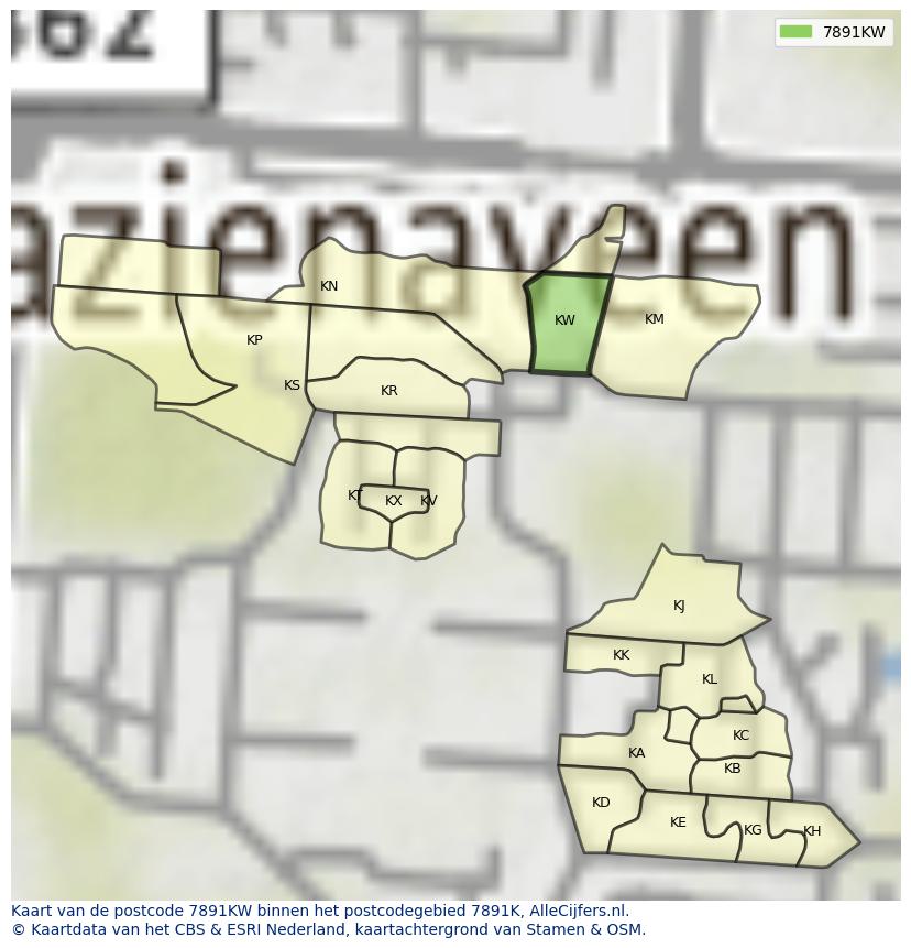 Afbeelding van het postcodegebied 7891 KW op de kaart.