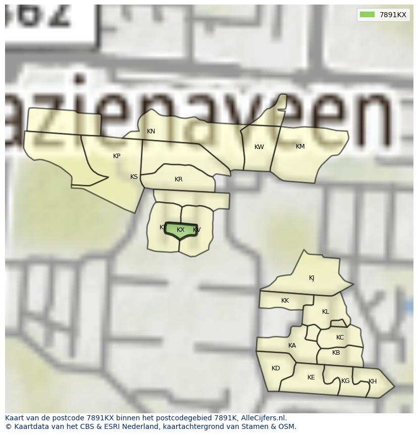 Afbeelding van het postcodegebied 7891 KX op de kaart.