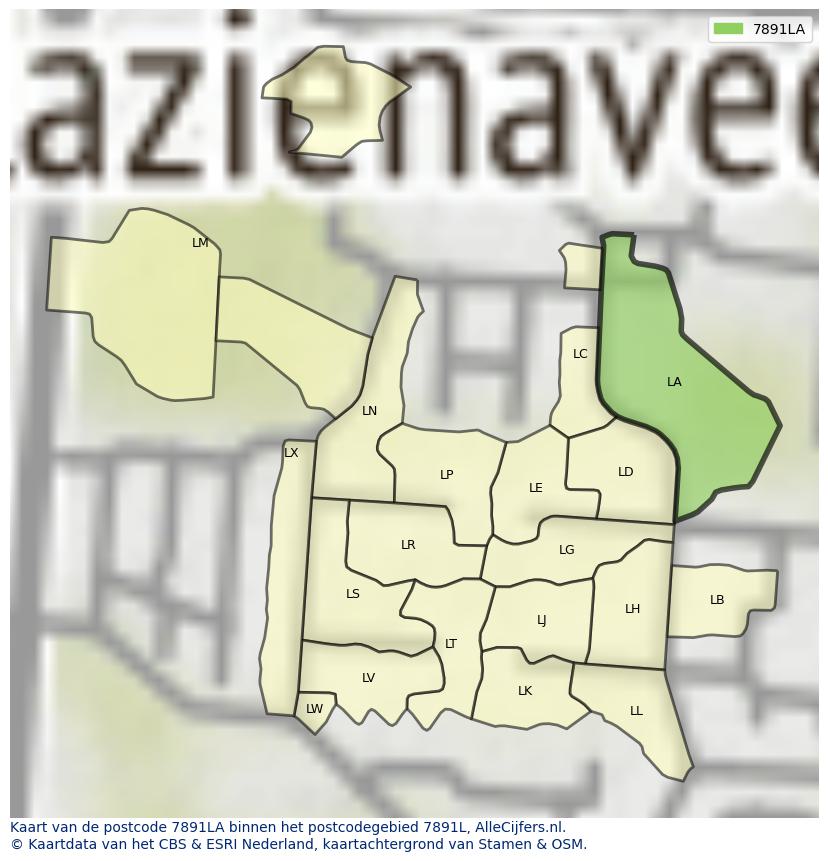 Afbeelding van het postcodegebied 7891 LA op de kaart.
