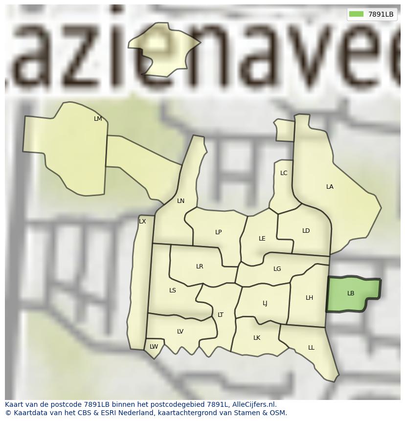 Afbeelding van het postcodegebied 7891 LB op de kaart.