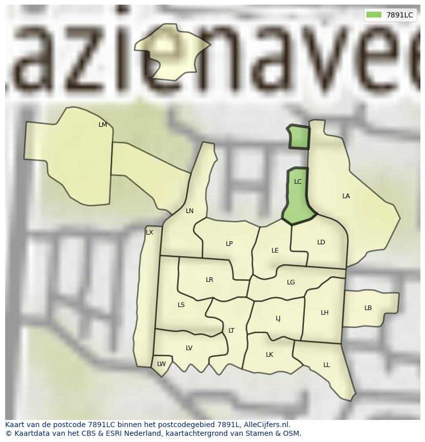 Afbeelding van het postcodegebied 7891 LC op de kaart.
