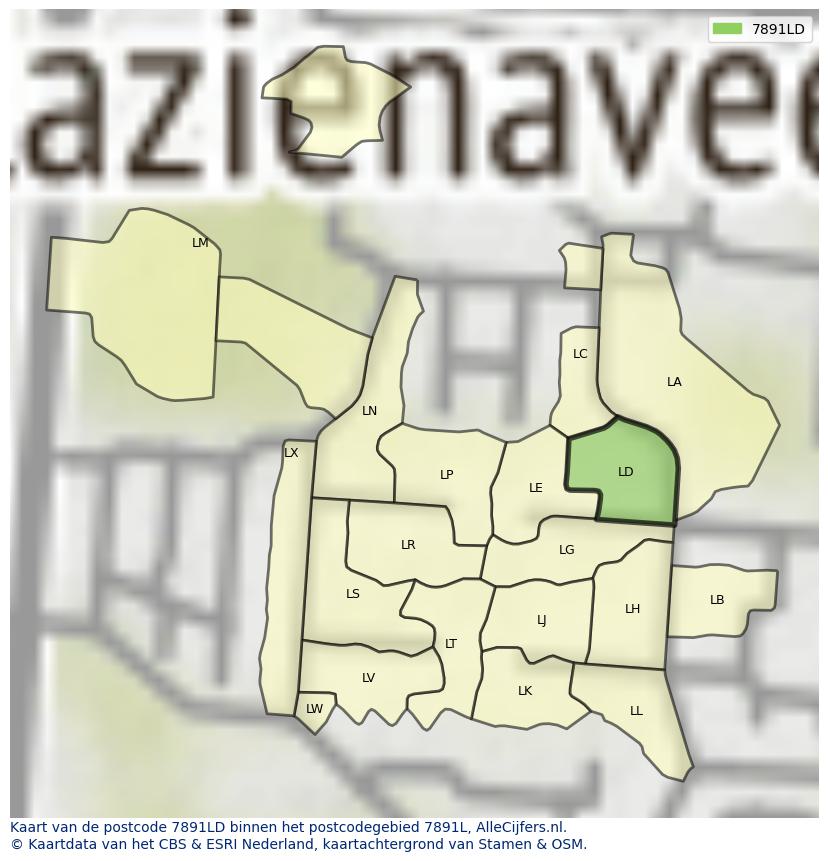 Afbeelding van het postcodegebied 7891 LD op de kaart.