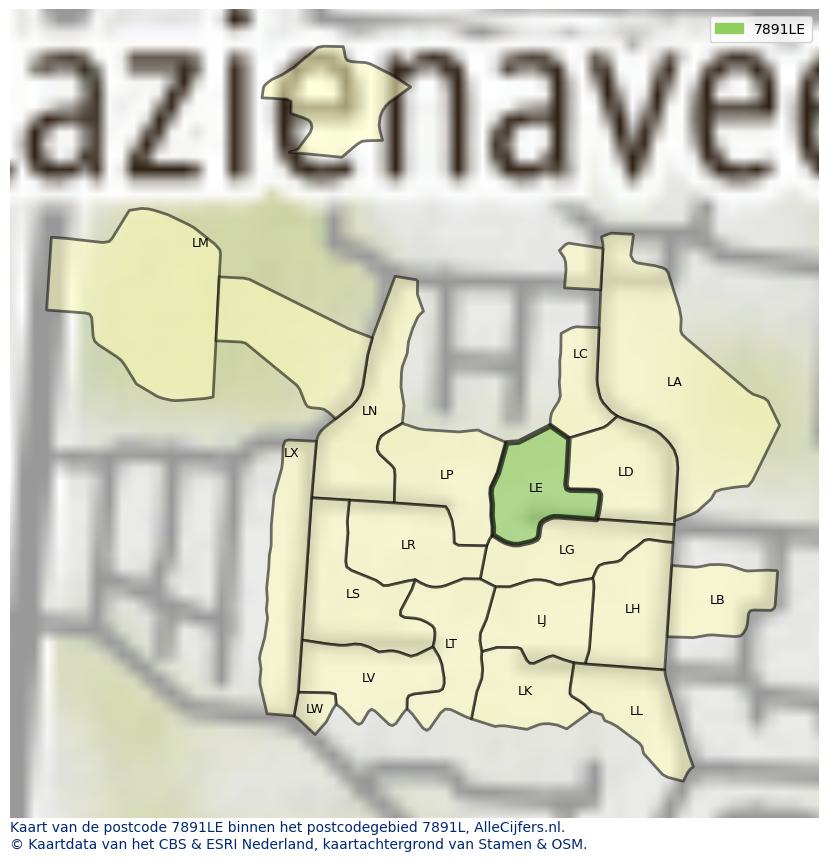 Afbeelding van het postcodegebied 7891 LE op de kaart.