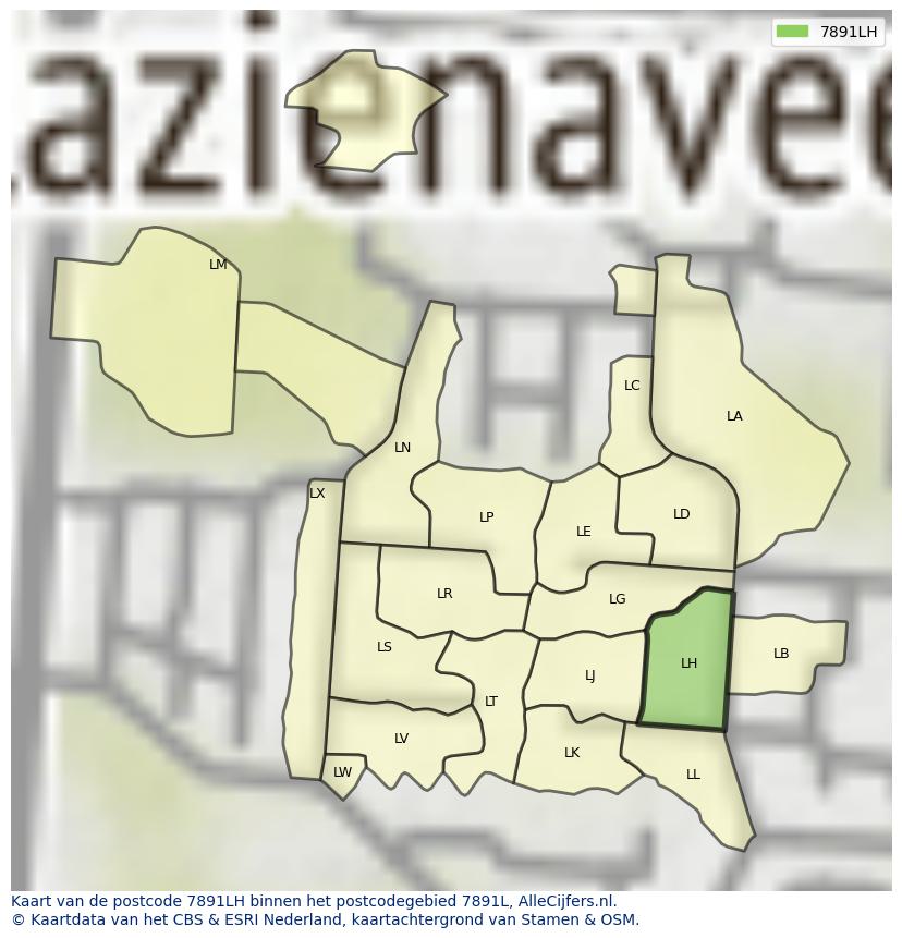 Afbeelding van het postcodegebied 7891 LH op de kaart.
