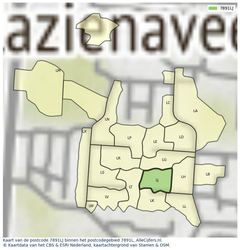 Afbeelding van het postcodegebied 7891 LJ op de kaart.