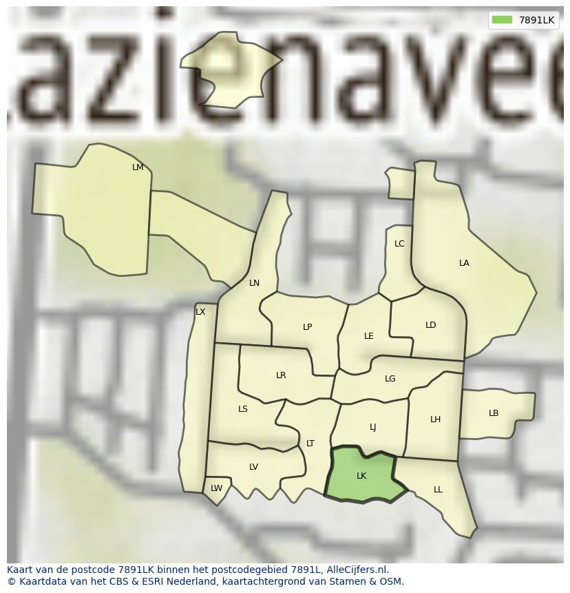 Afbeelding van het postcodegebied 7891 LK op de kaart.