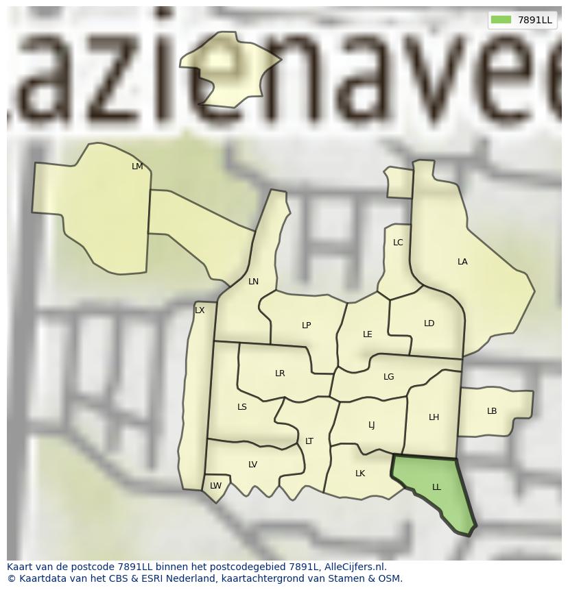Afbeelding van het postcodegebied 7891 LL op de kaart.