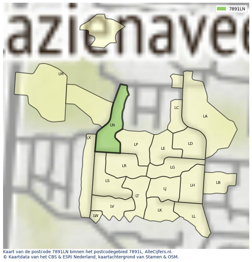 Afbeelding van het postcodegebied 7891 LN op de kaart.