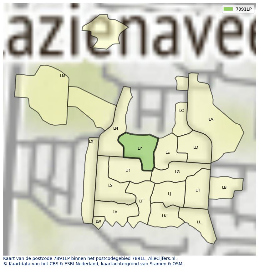 Afbeelding van het postcodegebied 7891 LP op de kaart.