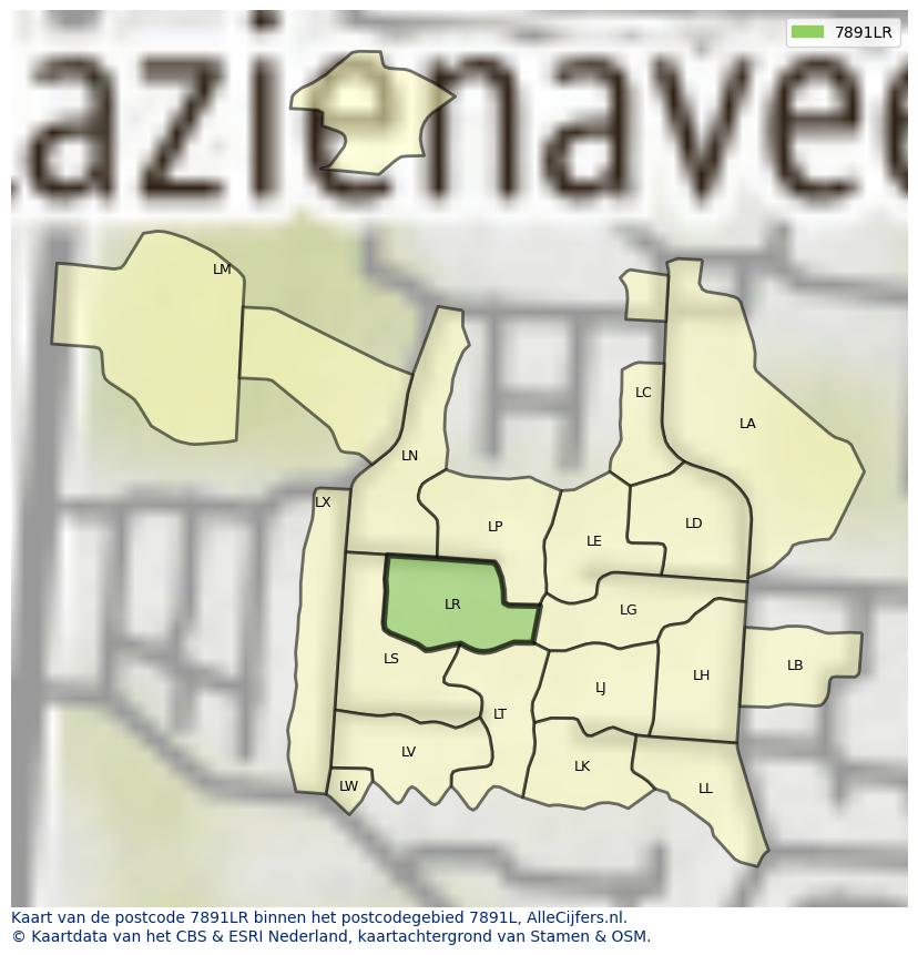 Afbeelding van het postcodegebied 7891 LR op de kaart.