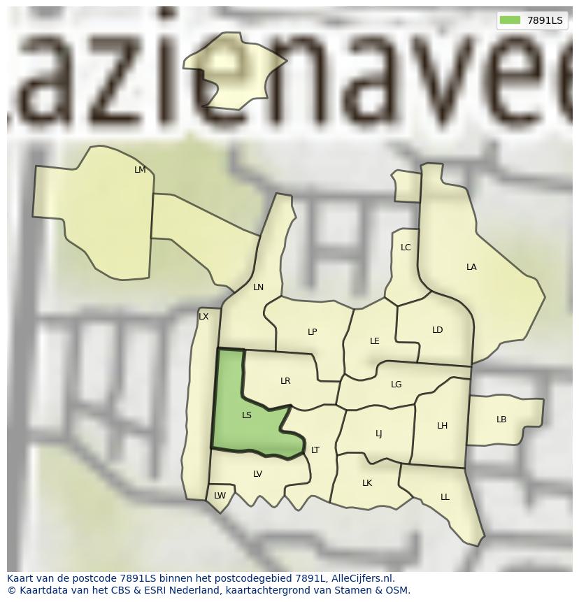 Afbeelding van het postcodegebied 7891 LS op de kaart.