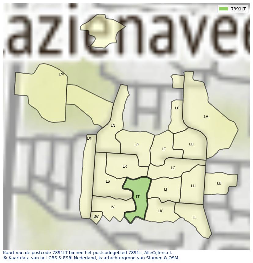 Afbeelding van het postcodegebied 7891 LT op de kaart.