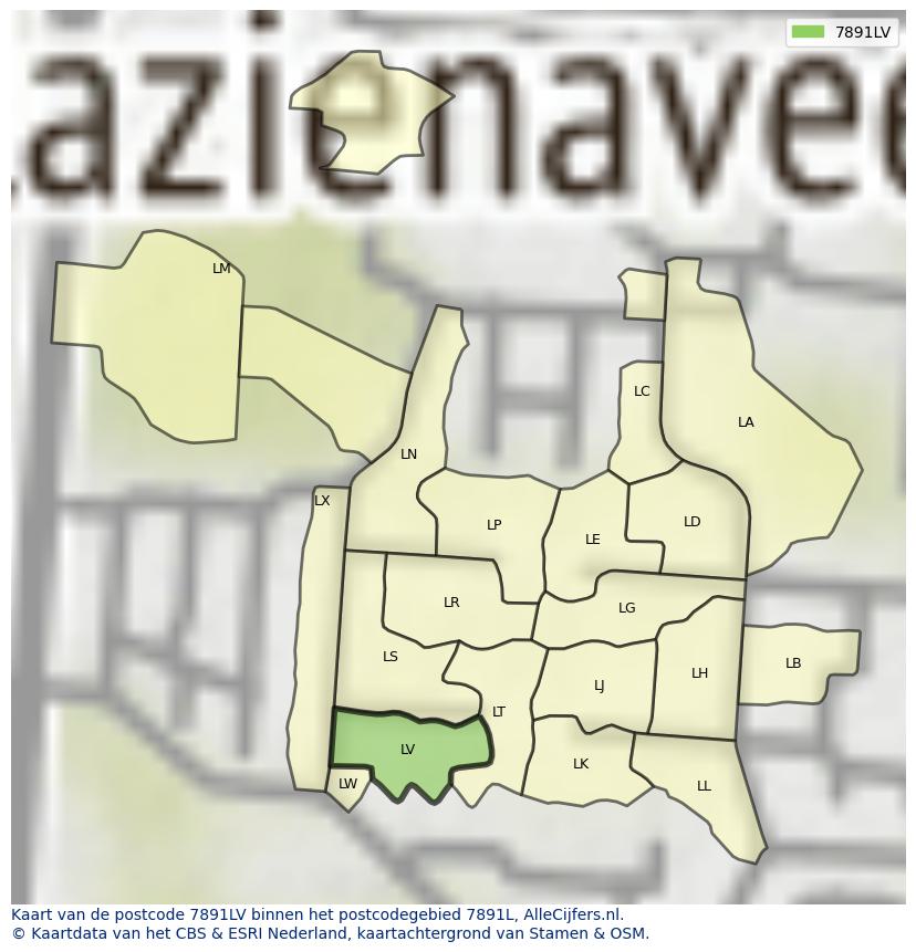 Afbeelding van het postcodegebied 7891 LV op de kaart.