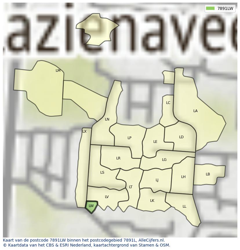 Afbeelding van het postcodegebied 7891 LW op de kaart.