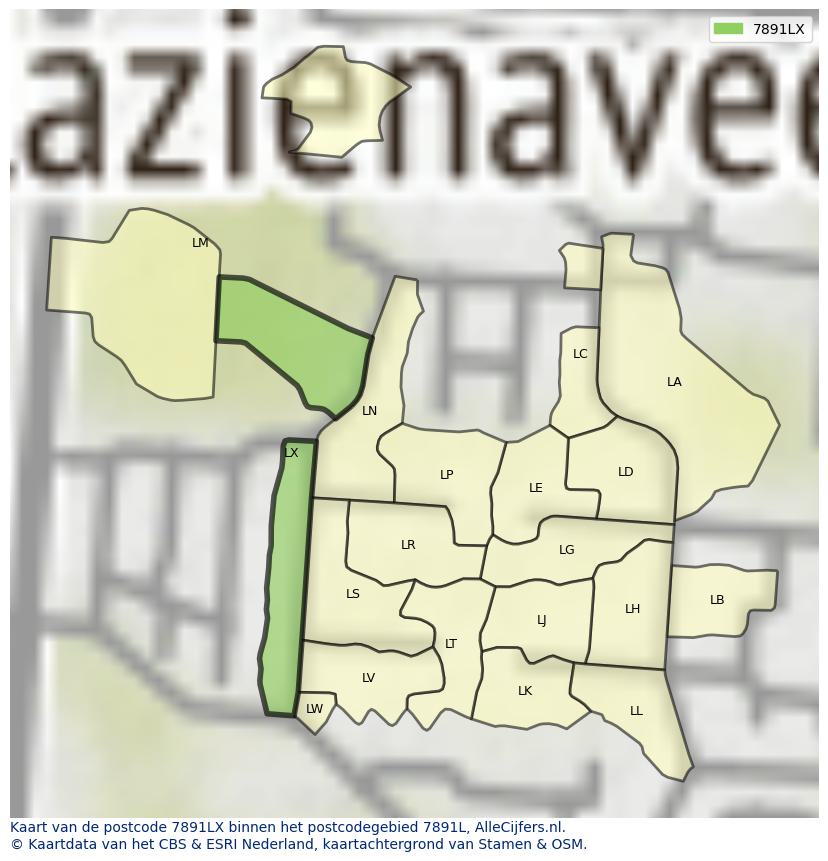 Afbeelding van het postcodegebied 7891 LX op de kaart.