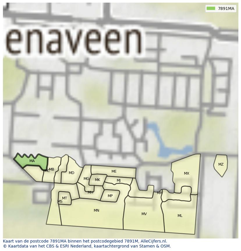 Afbeelding van het postcodegebied 7891 MA op de kaart.