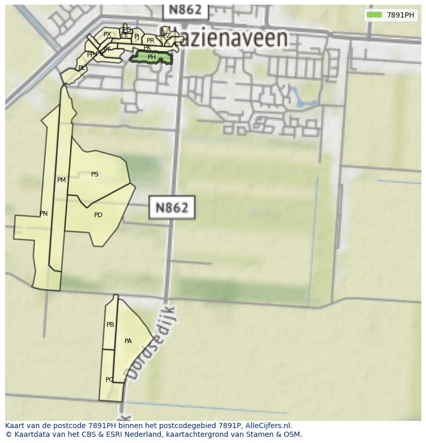 Afbeelding van het postcodegebied 7891 PH op de kaart.