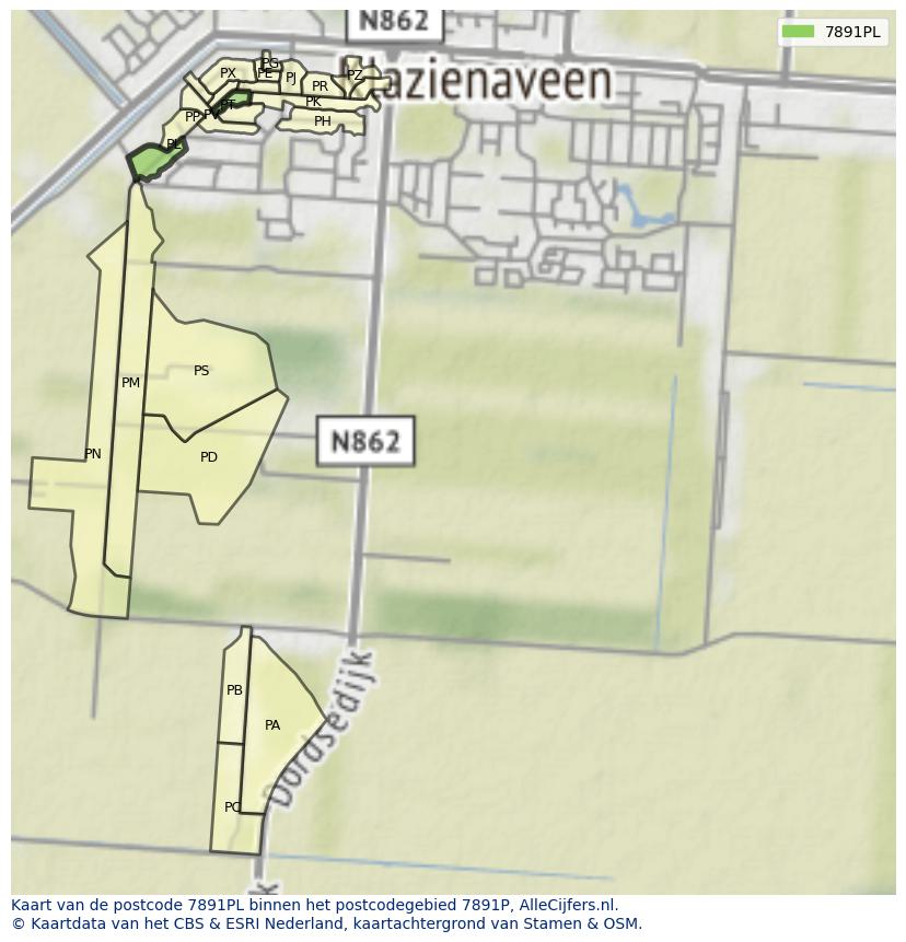 Afbeelding van het postcodegebied 7891 PL op de kaart.