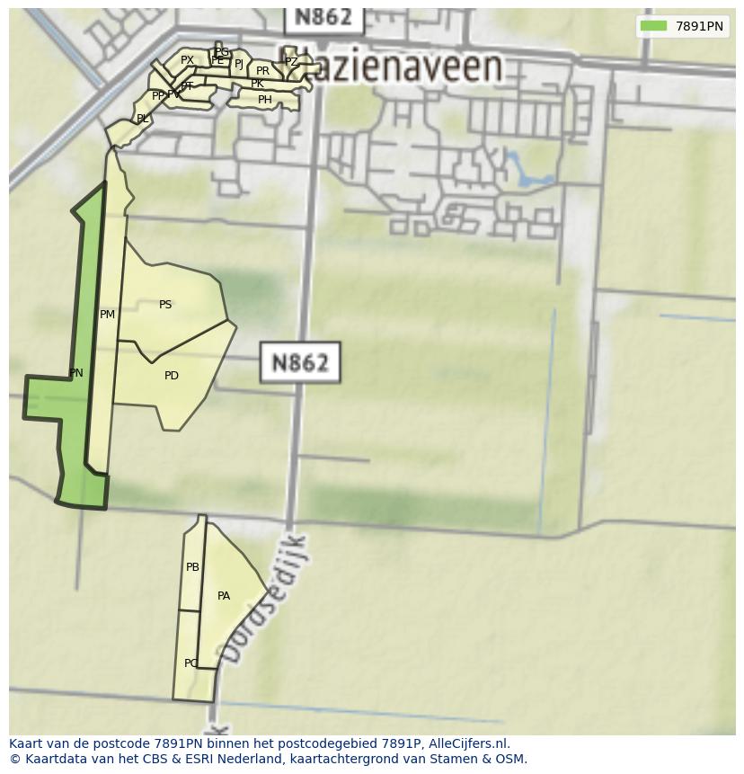 Afbeelding van het postcodegebied 7891 PN op de kaart.