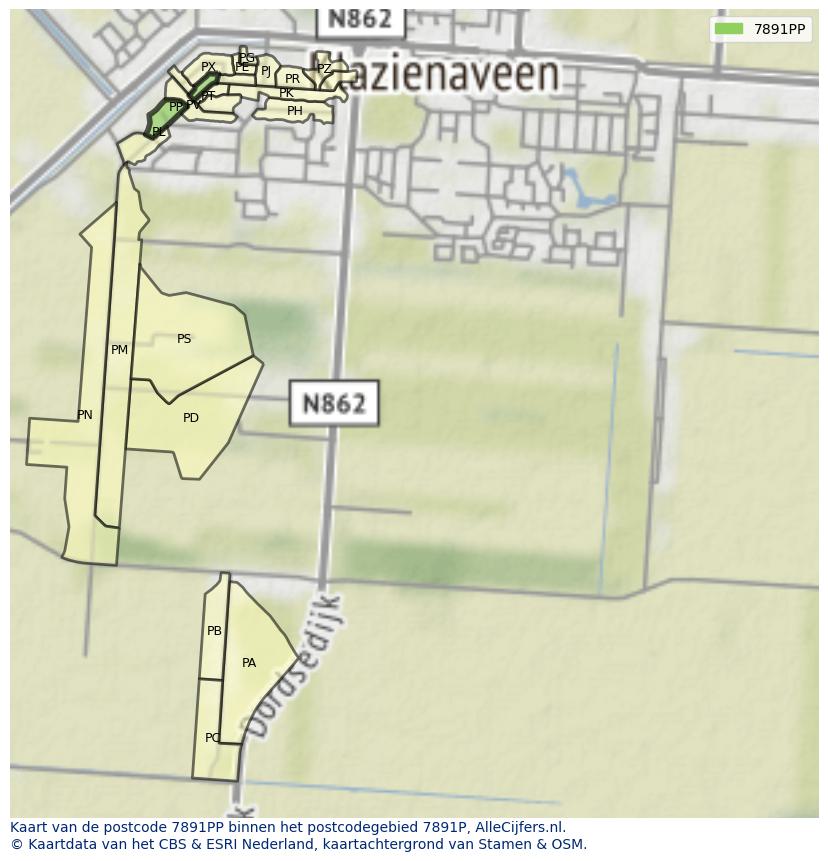 Afbeelding van het postcodegebied 7891 PP op de kaart.