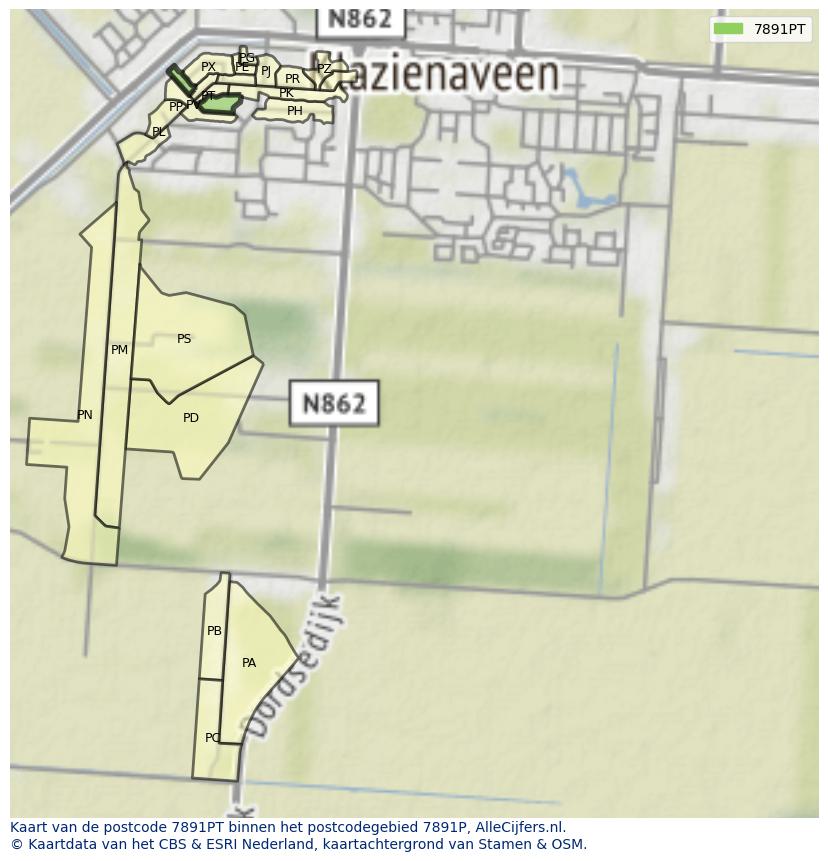 Afbeelding van het postcodegebied 7891 PT op de kaart.