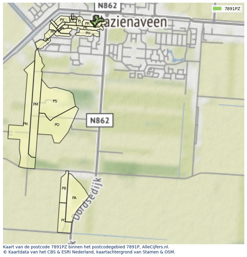 Afbeelding van het postcodegebied 7891 PZ op de kaart.