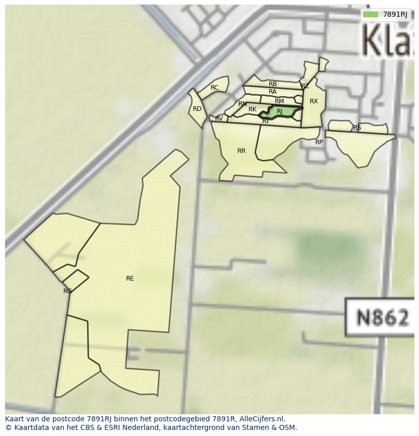 Afbeelding van het postcodegebied 7891 RJ op de kaart.