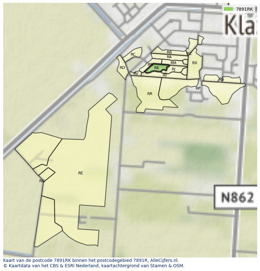Afbeelding van het postcodegebied 7891 RK op de kaart.