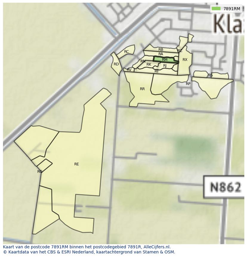 Afbeelding van het postcodegebied 7891 RM op de kaart.