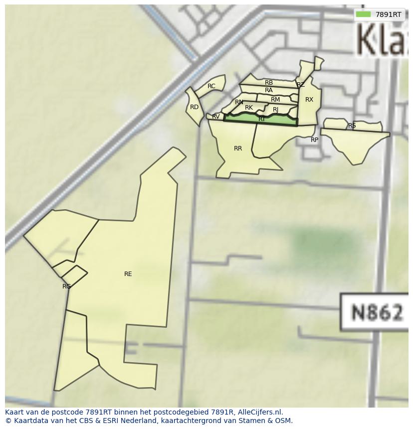 Afbeelding van het postcodegebied 7891 RT op de kaart.
