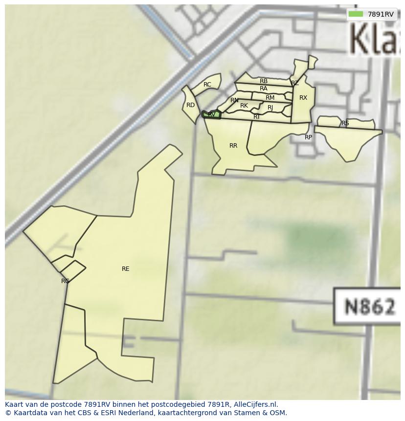 Afbeelding van het postcodegebied 7891 RV op de kaart.