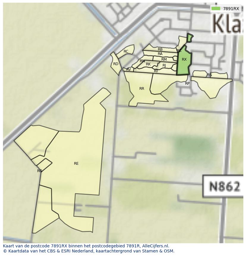 Afbeelding van het postcodegebied 7891 RX op de kaart.