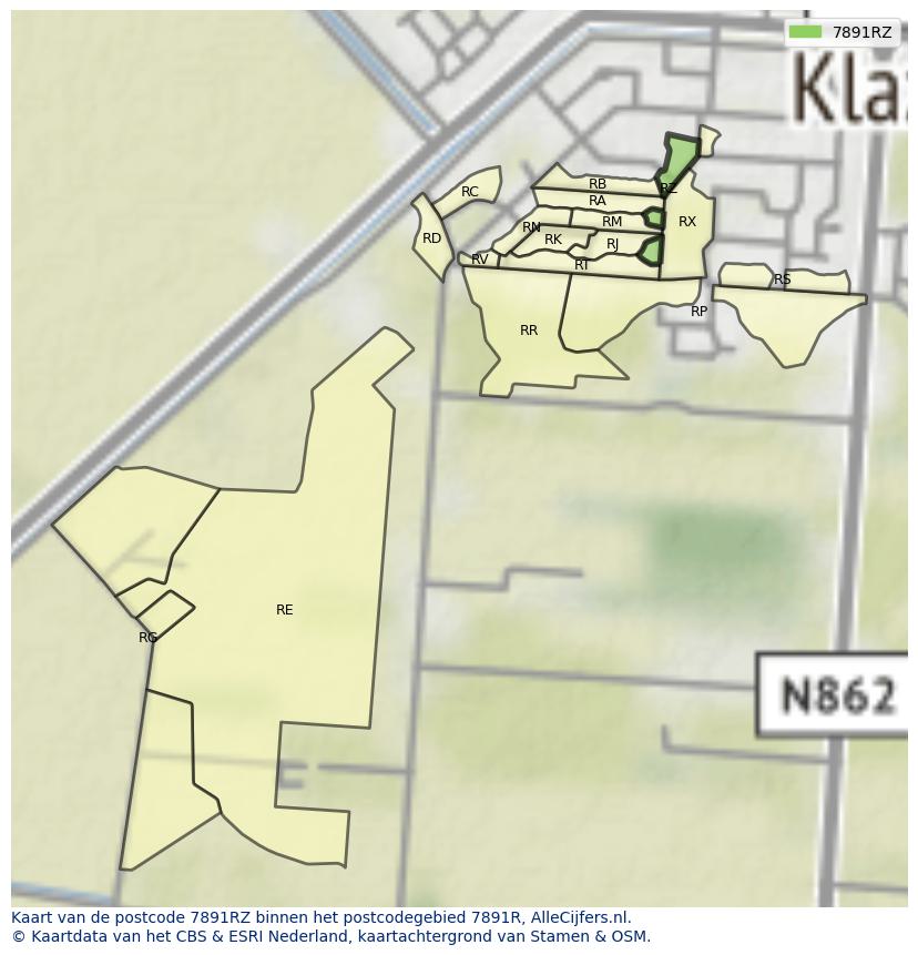 Afbeelding van het postcodegebied 7891 RZ op de kaart.