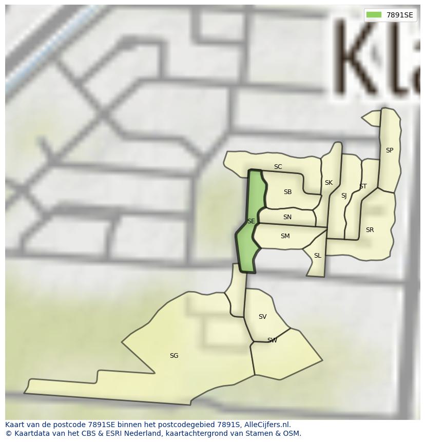 Afbeelding van het postcodegebied 7891 SE op de kaart.