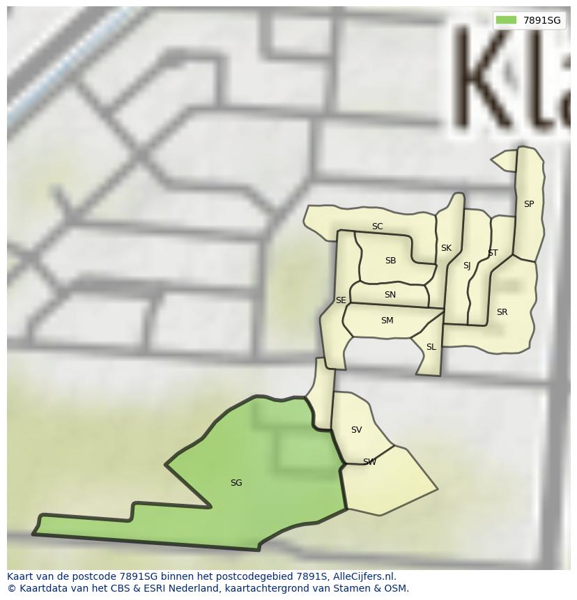Afbeelding van het postcodegebied 7891 SG op de kaart.