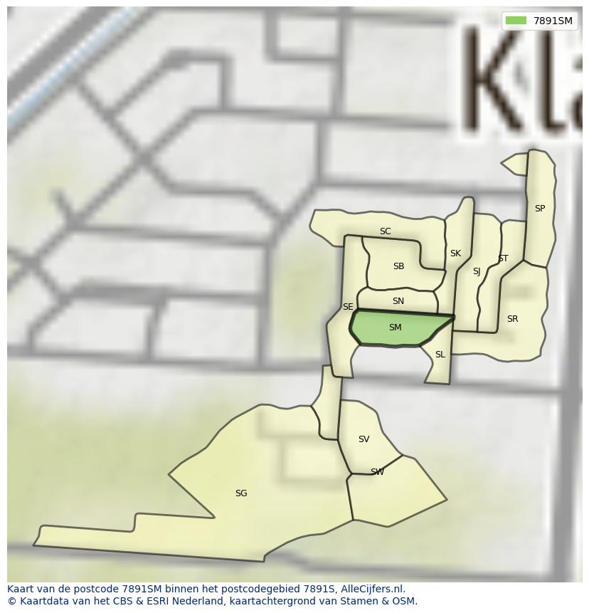 Afbeelding van het postcodegebied 7891 SM op de kaart.