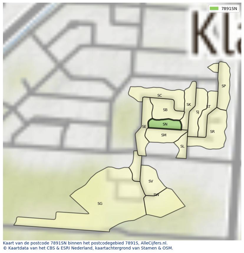 Afbeelding van het postcodegebied 7891 SN op de kaart.