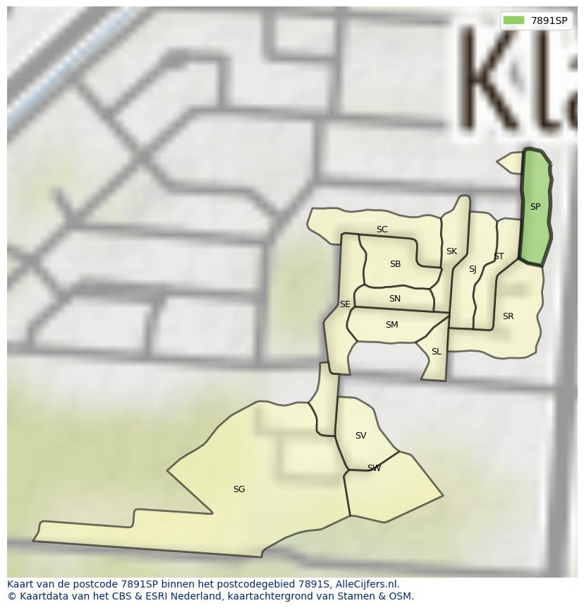 Afbeelding van het postcodegebied 7891 SP op de kaart.