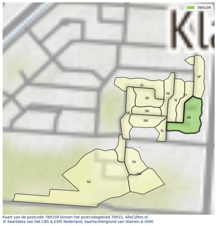 Afbeelding van het postcodegebied 7891 SR op de kaart.