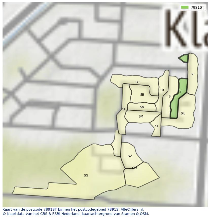 Afbeelding van het postcodegebied 7891 ST op de kaart.