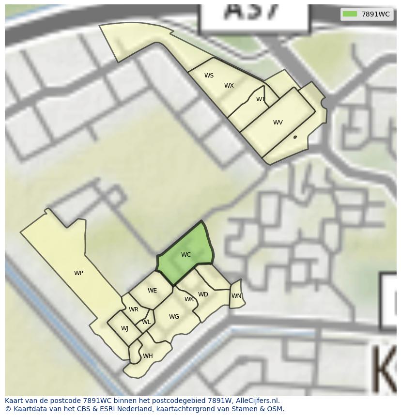 Afbeelding van het postcodegebied 7891 WC op de kaart.