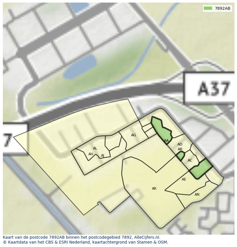 Afbeelding van het postcodegebied 7892 AB op de kaart.