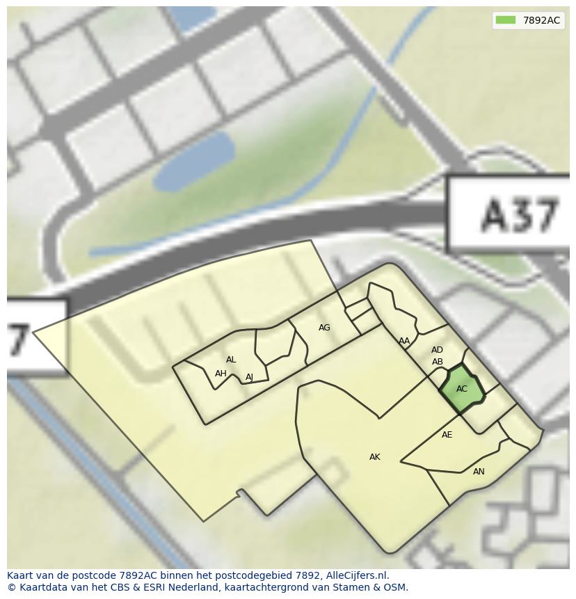 Afbeelding van het postcodegebied 7892 AC op de kaart.