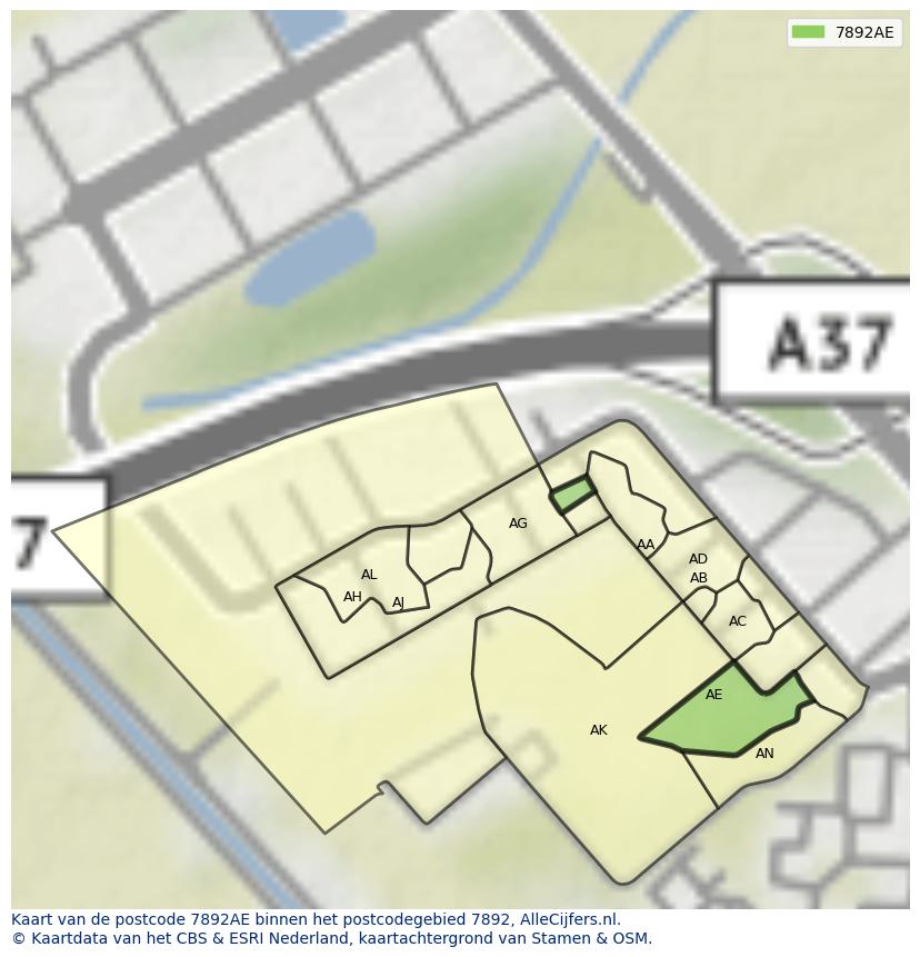 Afbeelding van het postcodegebied 7892 AE op de kaart.